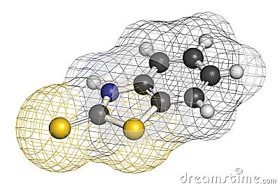 Mercaptobenzothiazole MBT skin sensitizer molecule. Used as rubber vulcanising agent. 3D rendering. Atoms are represented as. Stock Photo