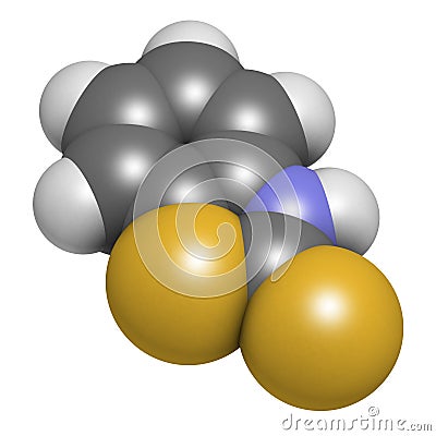 Mercaptobenzothiazole MBT skin sensitizer molecule. Used as rubber vulcanising agent. 3D rendering. Atoms are represented as. Stock Photo