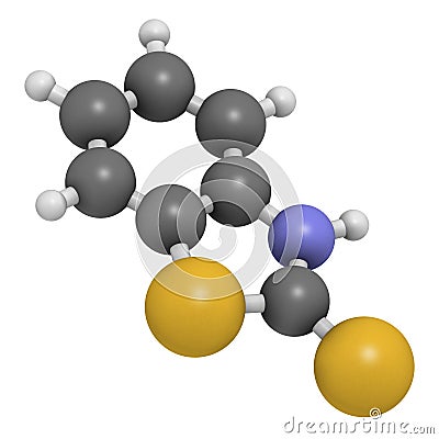 Mercaptobenzothiazole MBT skin sensitizer molecule. Used as rubber vulcanising agent. 3D rendering. Atoms are represented as. Stock Photo