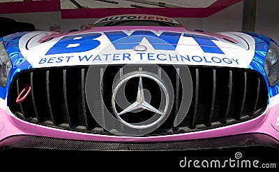 Mercedes AMG GT racing pink super car logo detail front view Editorial Stock Photo