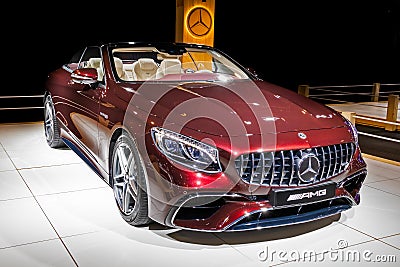 Mercedes-AMG S63 Cabriolet sports car at the Autosalon 2020 Motor Show. Brussels, Belgium - January 9, 2020 Editorial Stock Photo