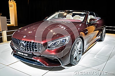 Mercedes-AMG S63 Cabriolet sports car showcased at the Autosalon 2020 Motor Show. Brussels, Belgium - January 9, 2020 Editorial Stock Photo