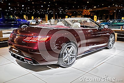 Mercedes-AMG S63 Cabriolet sports car showcased at the Autosalon 2020 Motor Show. Brussels, Belgium - January 9, 2020 Editorial Stock Photo