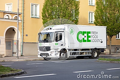 Mercedes-Benz Actros 1832 truck of CEE Fresh Food Logistics company with motion blur effect Editorial Stock Photo