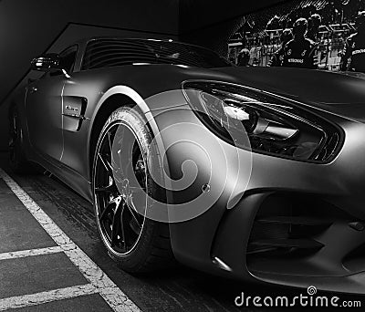 Mercedes-Benz AMG GTR 2018 V8 Biturbo exterior details. Tyre and alloy wheel. Carbon Ceramic brakes. Car exterior details. Black Editorial Stock Photo
