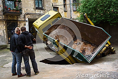 Mercedes Benz Ateco truck with building refuse container crashed Editorial Stock Photo