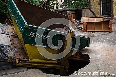 Mercedes Benz Ateco truck with building refuse container crashee Editorial Stock Photo