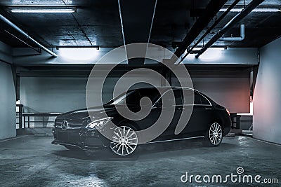 Mercedes Benz C350e AMG Exterior View with Misty Fog in a Car Park Editorial Stock Photo