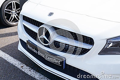 Mercedes Benz certified logo brand car and text sign on second hands vehicle in Editorial Stock Photo