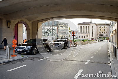 Mercedes-Benz luxury limousines parked on Mont des Arts Editorial Stock Photo
