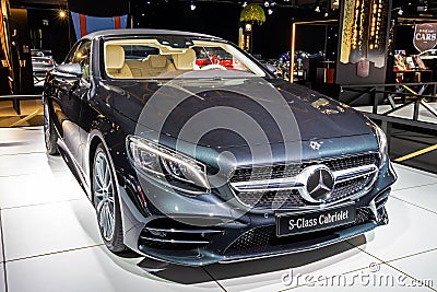 Mercedes-Benz S560 S-Class Cabriolet car model showcased at the Brussels Autosalon Motor Show. Belgium - January 18, 2019 Editorial Stock Photo