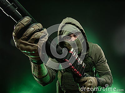 Mercenary soldier with a shotgun Stock Photo