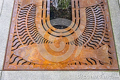 MERCER ISLAND, WA, USA â€“ JANUARY 22, 2022: Downtown Mercer Island, sidewalk detail, iron grate with fish design Editorial Stock Photo