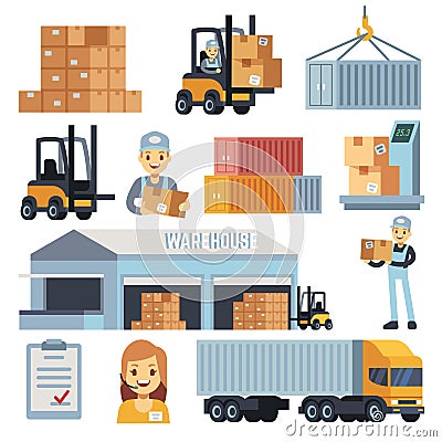 Merchandise warehouse and logistic flat vector icons with workers and equipment Vector Illustration