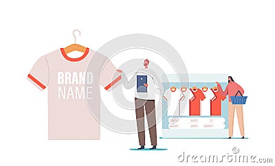 Merchandising, Tiny Male Character with Huge Promotional Product for Brand Identity. Man with T-Shirt, with Company Logo Vector Illustration