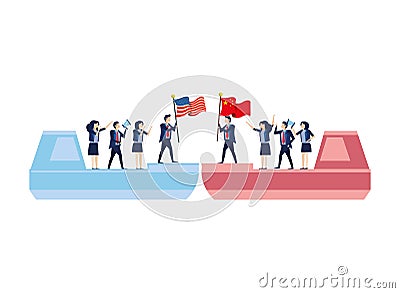 Merchant ships with business people and usa and china flags Vector Illustration