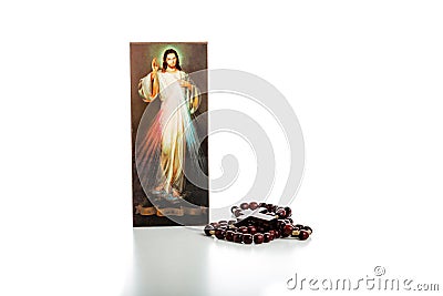 Merciful Jesus with blank ribbon at bottom Stock Photo