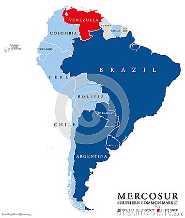 MERCOSUR countries map with suspended Venezuela Vector Illustration