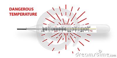 Mercurial thermometer lies horizontally. Shows dangerous temperature 38.5 degrees Celsius. Realistic object isolated on white Vector Illustration