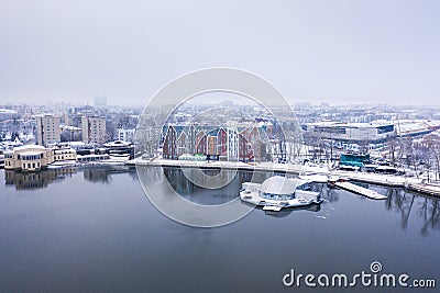 The Mercury Hotel on the bank of Upper Lake in the wintertime, view from drone Editorial Stock Photo