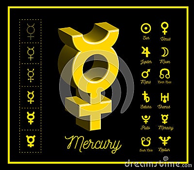 Mercury planet sign with other astrological symbols of the planets on black background. Vector Vector Illustration