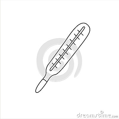 Mercury thermometer icon. Outline doodle. Medical supplies, medications to treat and protect against the virus, covid-19, Cartoon Illustration