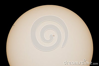 Mercury transit through the disk of the Sun close up Stock Photo