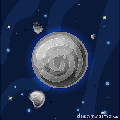 Mercury vector cartoon illustration. Grey planet Mercury of Solar system in dark deep blue space, isolated on blue Vector Illustration