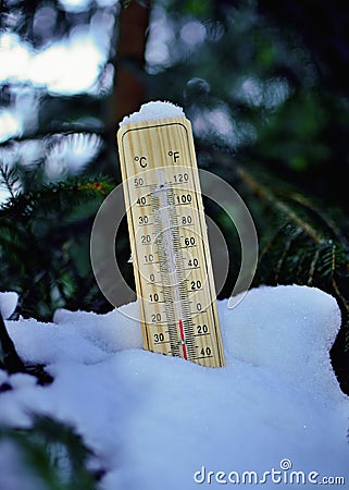 Mercury wooden thermometer Stock Photo
