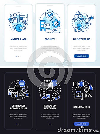 Merger objectives night and day mode onboarding mobile app screen Vector Illustration