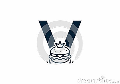 Merger shape of V initial letter with burger and crown Vector Illustration