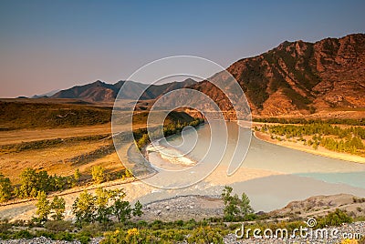 Merger of the two great rivers of Altai Stock Photo