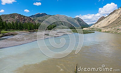 The merger of two mountain rivers Stock Photo