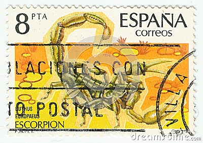 MERIDA, EXTREMADURA, SPAIN - DIC, 1, 2.018 - A stamp printed in Spain shows scorpion (buthus europaeaus) CIRCA: 1.979 Editorial Stock Photo