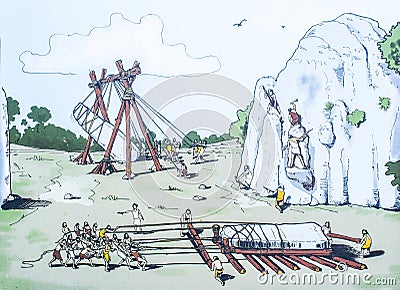 Hypothetical depiction of Dolmen construction process Editorial Stock Photo