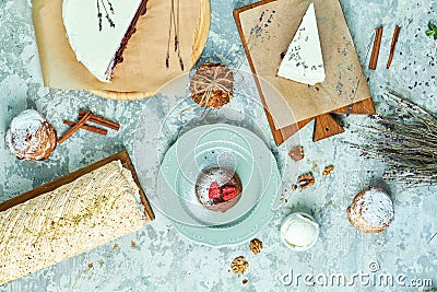 Meringue cakes with lavender assortment of several cakes FLATLAY Stock Photo