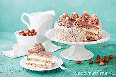 Meringue hazelnut cake with chocolate cream Stock Photo