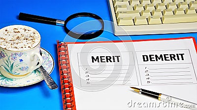 Merit and disadvantage - text inscription on the research form. Stock Photo