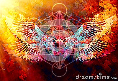 Merkaba and wing on abstract color background. Sacred geometry. Stock Photo