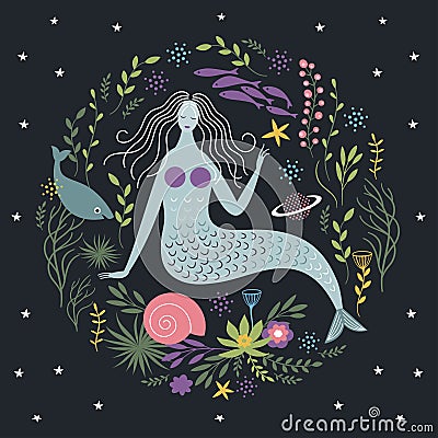 Mermaid among algae and fishes Vector Illustration