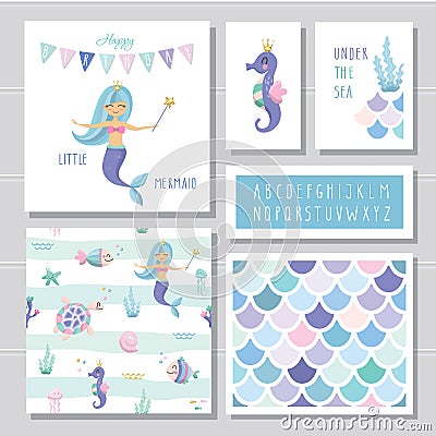 Mermaid birthday card templates set. Included fish skin pattern and narrow hand drawn font. Vector Vector Illustration