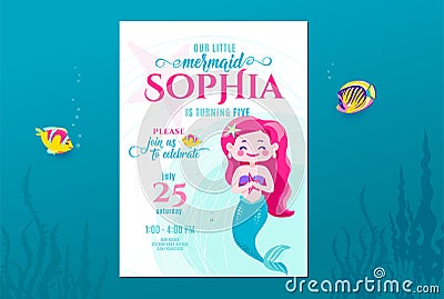 Mermaid birthday cute invite card design for little princess. Kids party anniversary. Sea underwater invitation Vector Illustration
