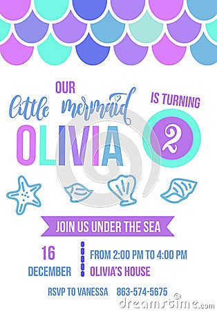 Mermaid Birthday party invitation card. Colorful fish scales and Vector Illustration