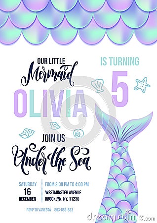 Mermaid Birthday party invitation card. Holographic fish scales Vector Illustration