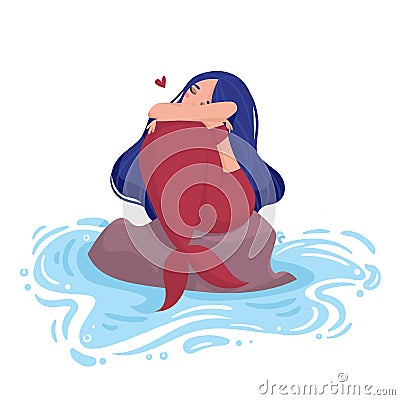 Mermaid with blue hair and red tail sits on a stone in the water and hugging knees Cartoon Illustration