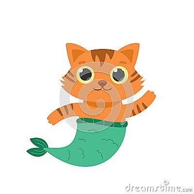 mermaid cat cute tiger with big eyes Vector Illustration