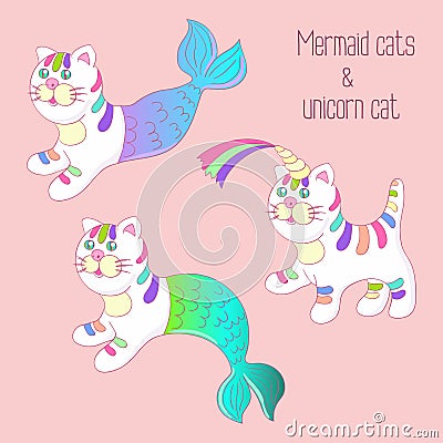 Mermaid cats purrmaids and unicorn cat set Vector Illustration