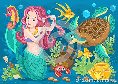 Mermaid children's illustration. Underwater world picture. Little mermaid cartoon. Vector Illustration