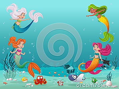 Mermaid children swimming with fish under the sea. Underwater world with corals. Vector Illustration