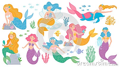 Mermaid. Cute mythical princess, little mermaids and dolphin, seashell and seaweeds, fishes and corals underwater game Vector Illustration